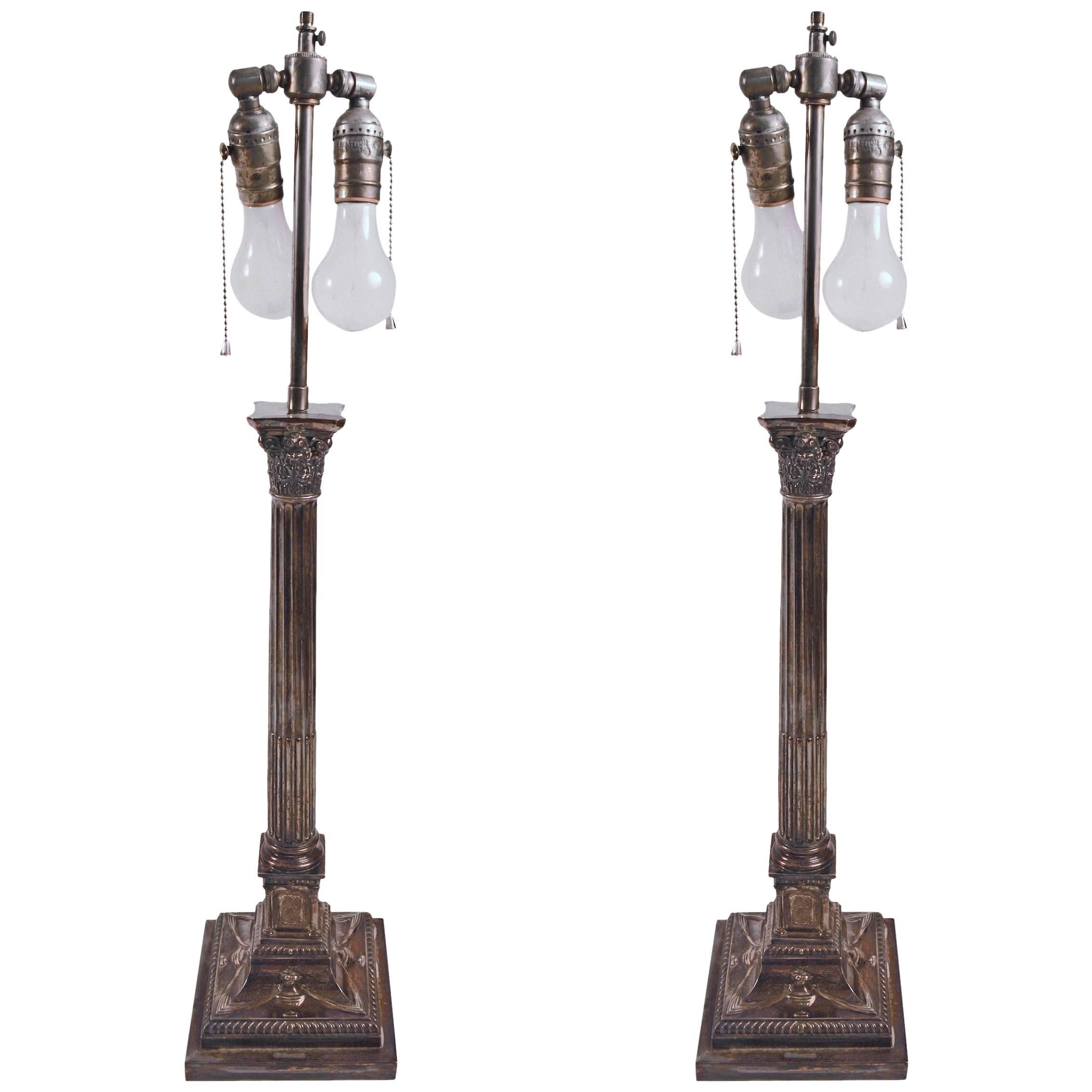 Pair of Classical Silver Plate Column Lamps For Sale