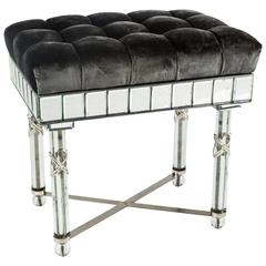 Gorgeous 1920s Art Deco Mirrored, Glass, and Upholstered Bench