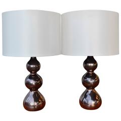 Pair of Mid-Century Modern Stacked Ball Ceramic Metallic Bronze Lamps