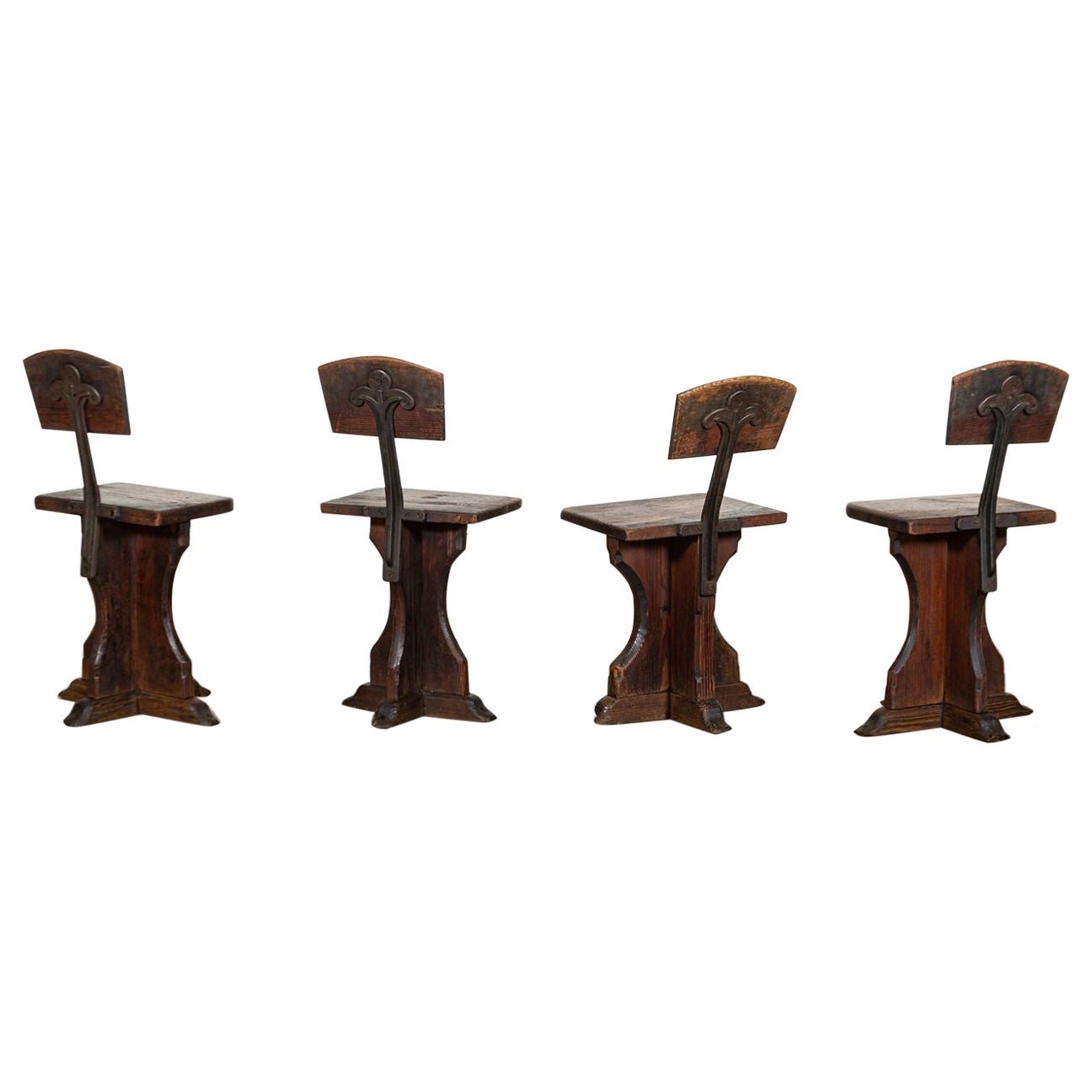 Set 4 19thC English Ecclesiastical Pine Chairs