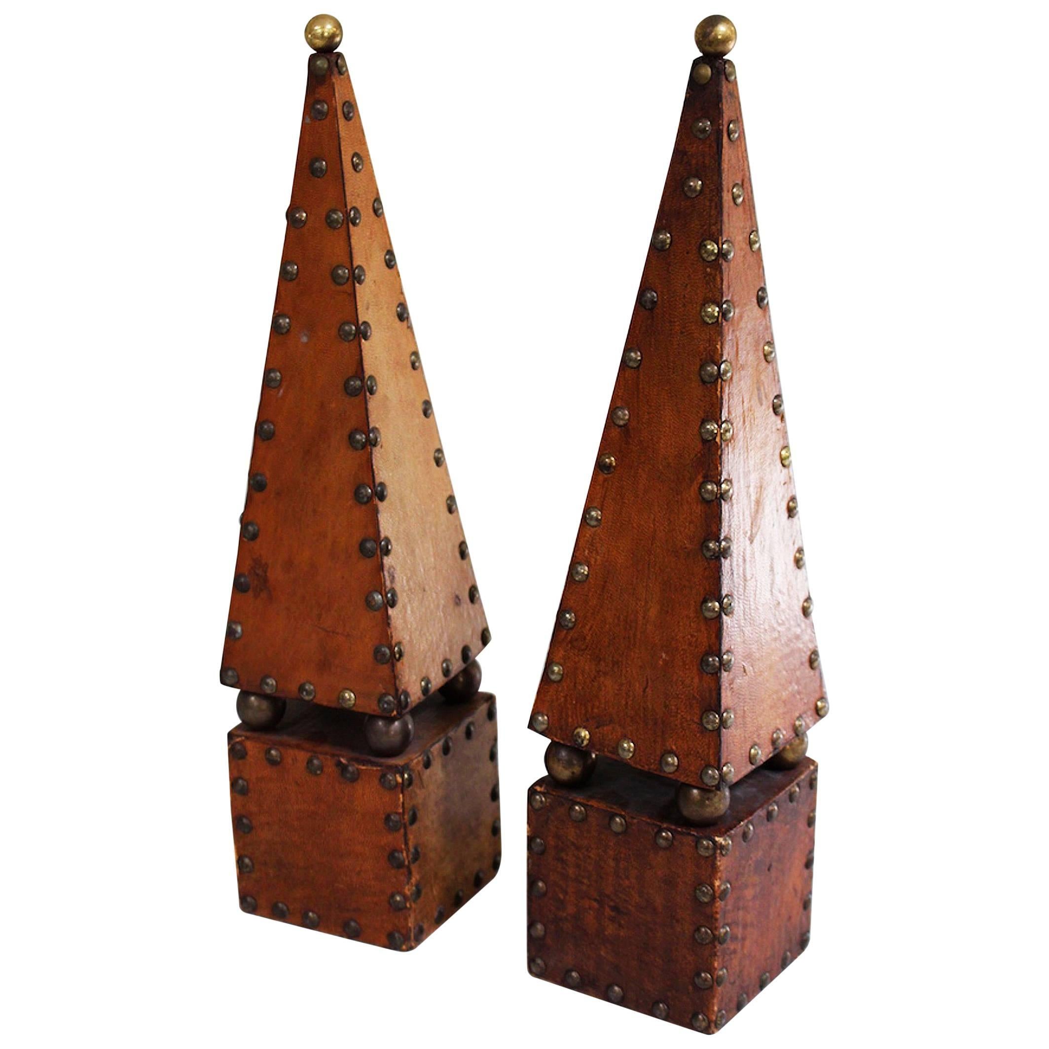 English Decorative Leather and Brass Obelisks (Priced as a Pair)