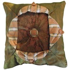 Throw Pillow in Gold Silk and (orange) Chenille/ Button Down Tab Pillow 6
