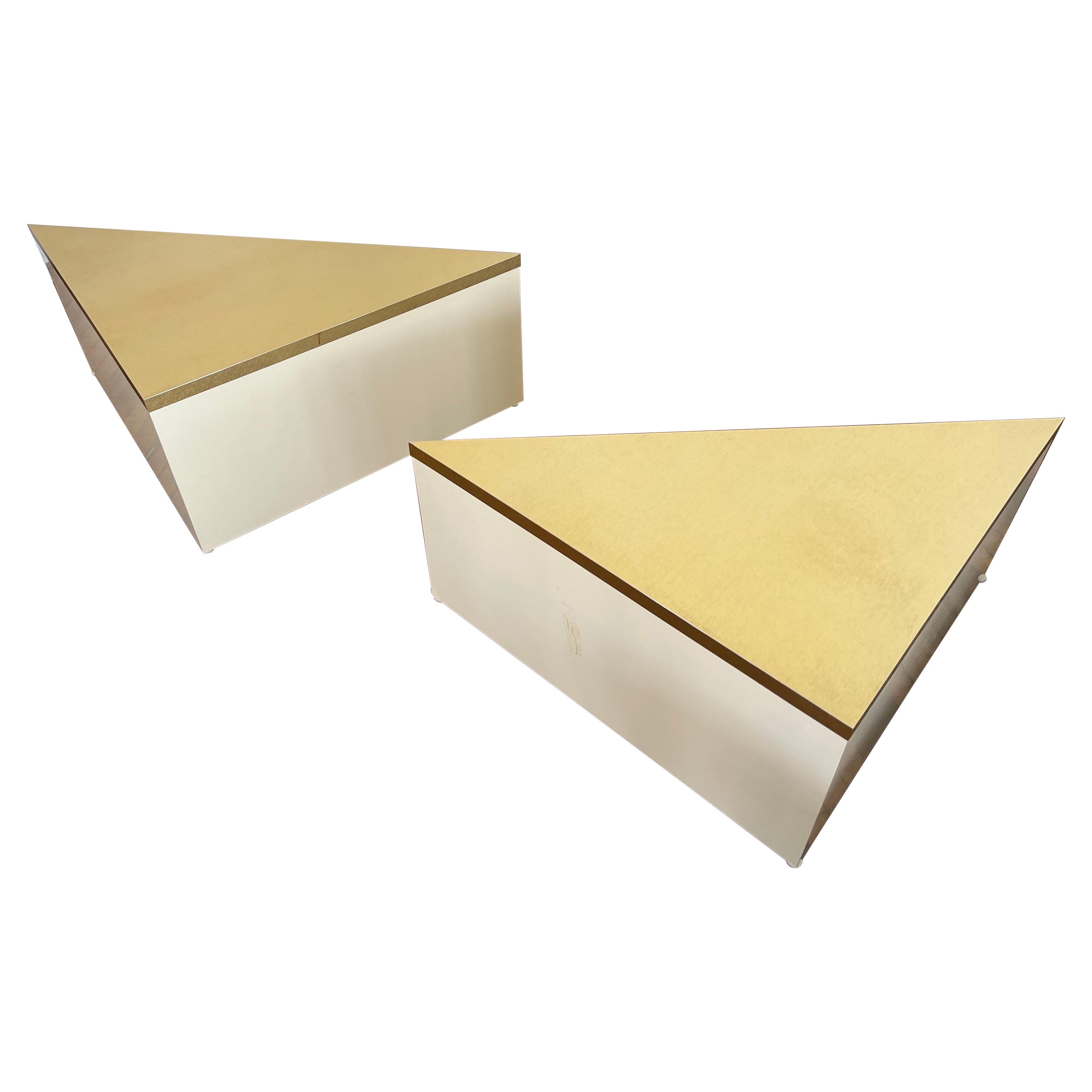 1980 Laminate Brass Triangle End Tables - a Pair
