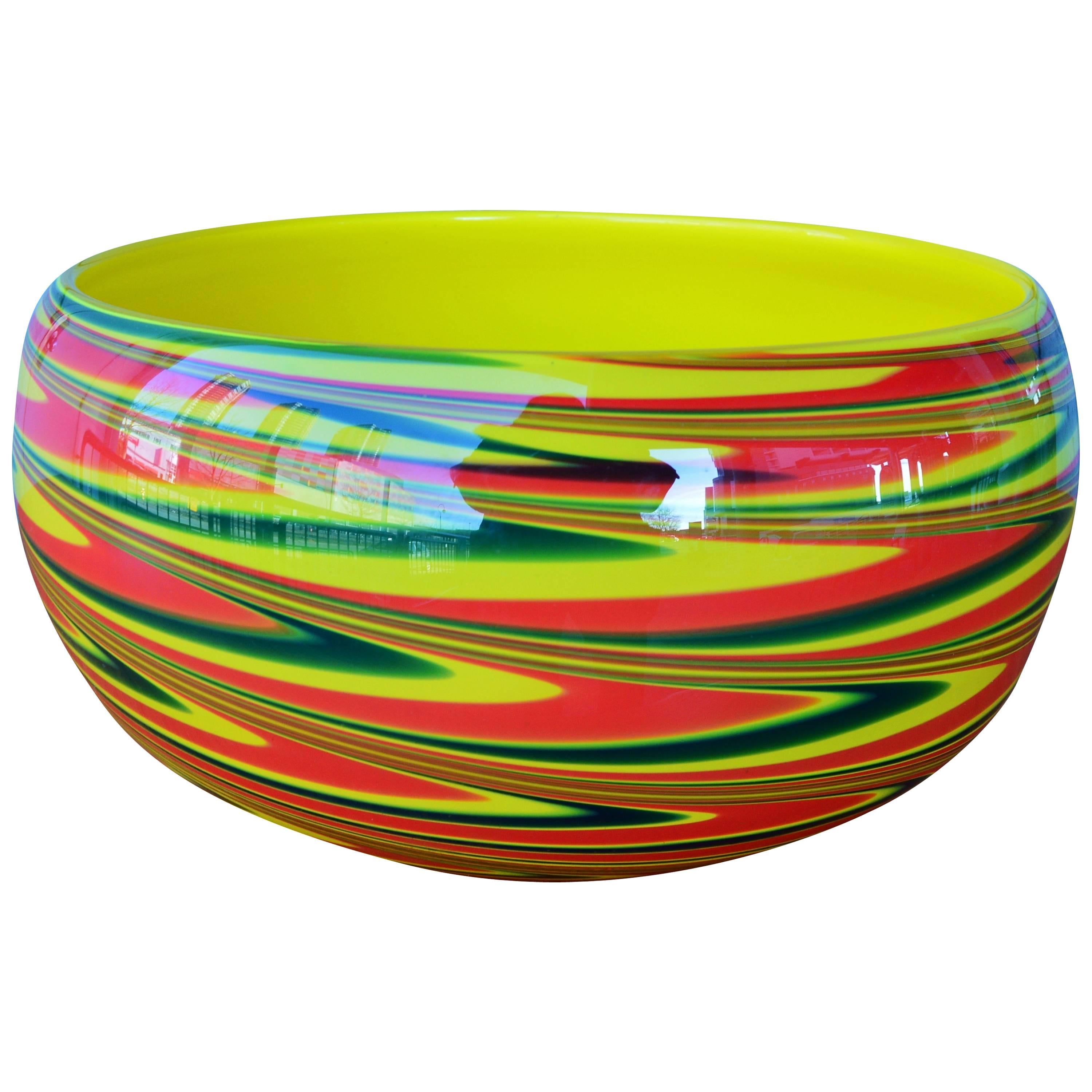 Large Dramatic Murano Cased Glass Swirl Bowl in Yellow, Red and Green For Sale