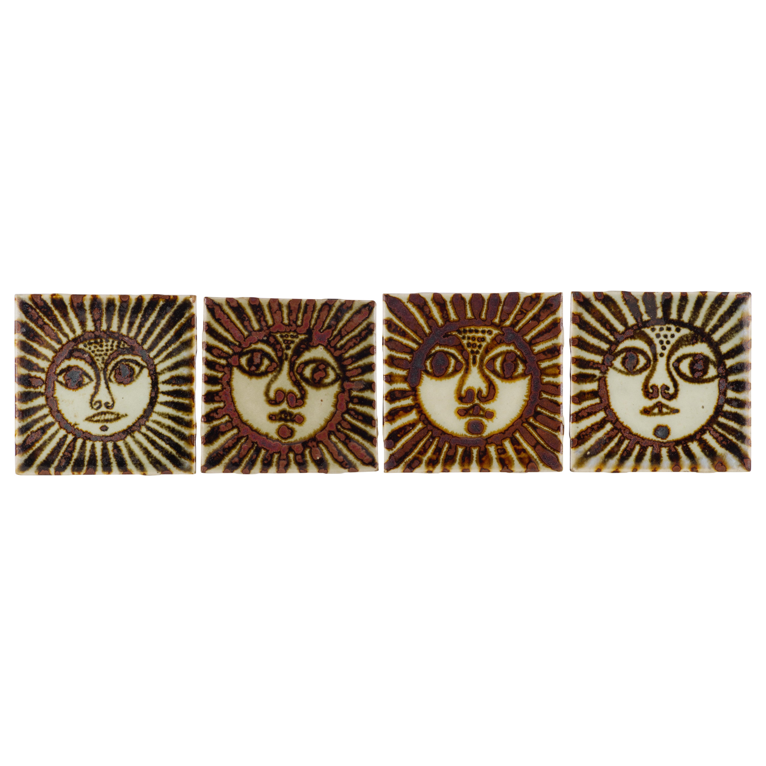Ken Edwards Set of 4 Vintage Sun Face Coasters Tonala Mexico Art Pottery, Set 1