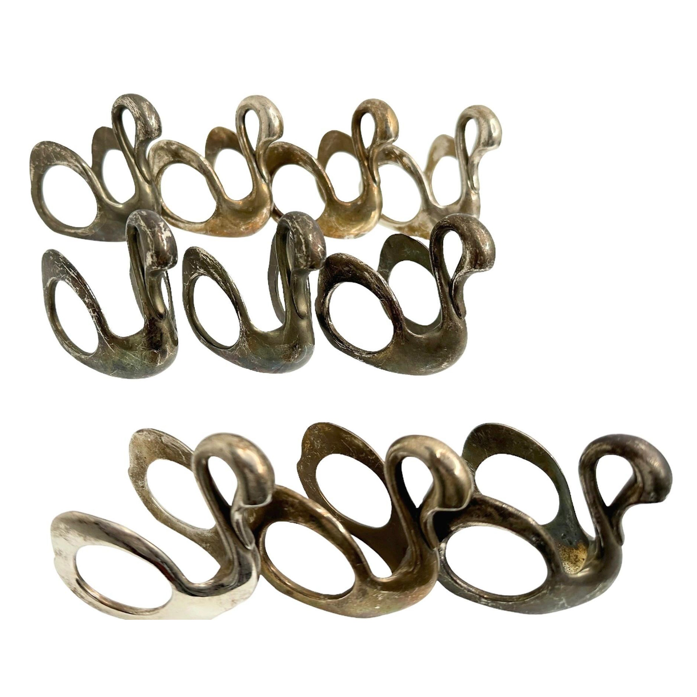 Vintage Swan Napkin Rings, Set of Ten, Silver Plate Nickel Germany 1960s For Sale