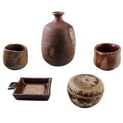 Japanese Ceramic Art, Five Vases and Pots, Handmade, 20th Century