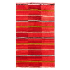 5x8.4 Ft Vintage Handmade Striped Kilim in Red Color, Bohemian Style Wool Rug