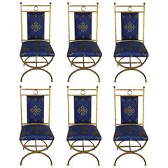 Set of Six Upholstered Gilded Metal Dining Chairs from France Set of Six Upholstered Gilded Metal Dining Chairs from France