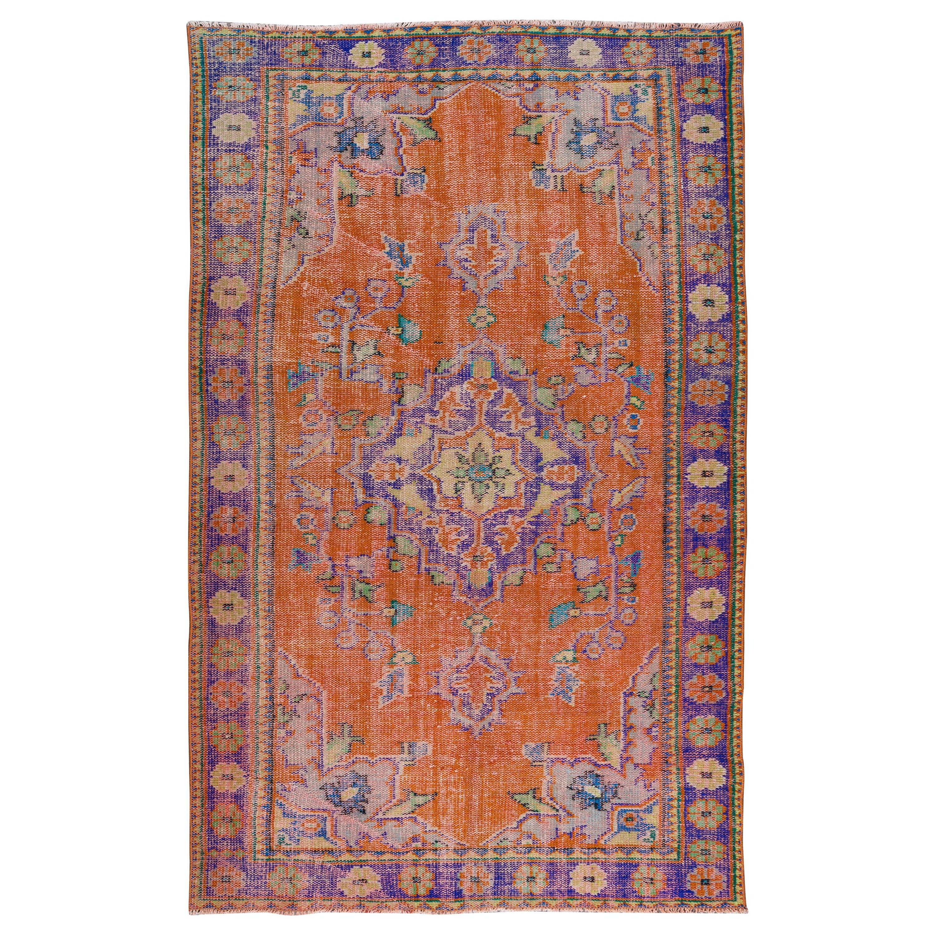 5.6x9 Ft Handmade Anatolian Vintage Rug in Burnt Orange, Purple, Blue & Green