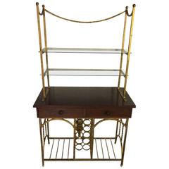 French Gilded Metal and Wood Buffet with Bottle Storage and Shelf Unit