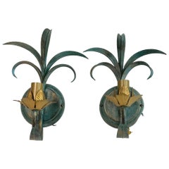 Pair of Verdigris & Gilt Leafs Sconces Tole Hollywood Regency Kogl, Germany