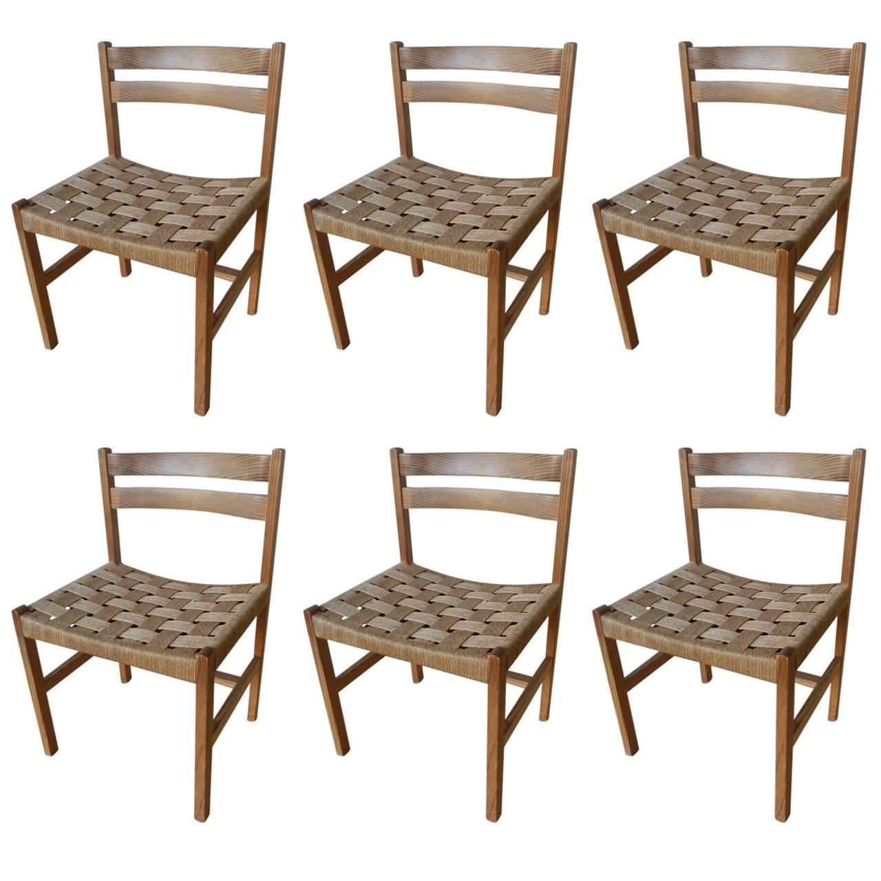 Set of Six Massive Oregon Pine Dining Chairs with Paper Cord at 1stDibs