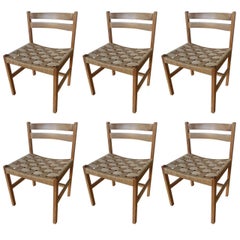 Set of Six Massive Oregon Pine Dining Chairs with Paper Cord