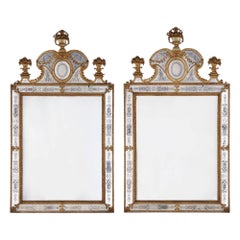 Antique Large Pair of Swedish Gilt Metal and Engraved Glass Mirrors after Precht