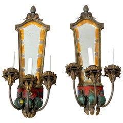 Pair Venetian Eglomise Mirror & Polychromed 3 light Wall Sconces, Circa 1925