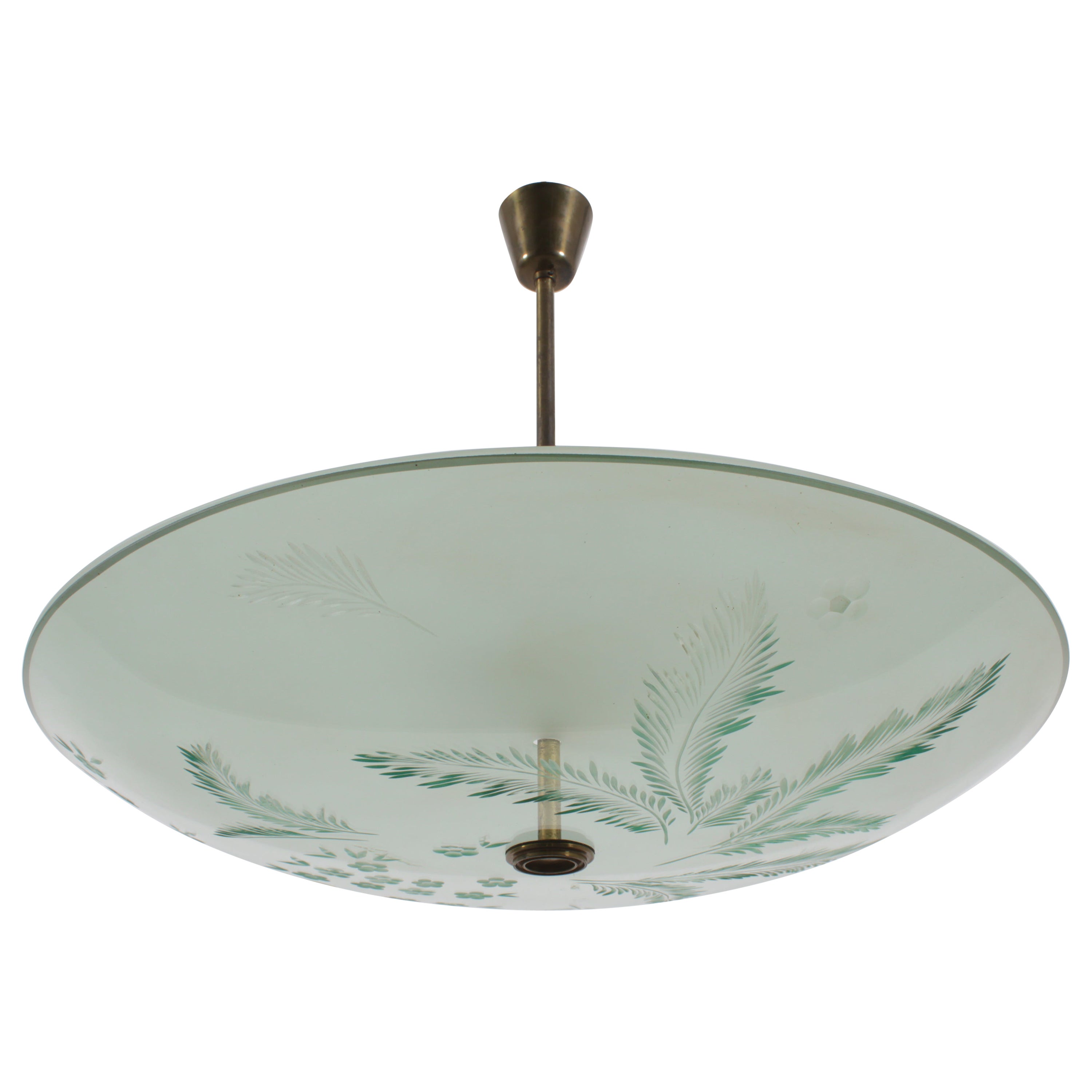 Max Ingrand for Fontana Arte Engraved Glass and Brass Chandelier 40s Italy