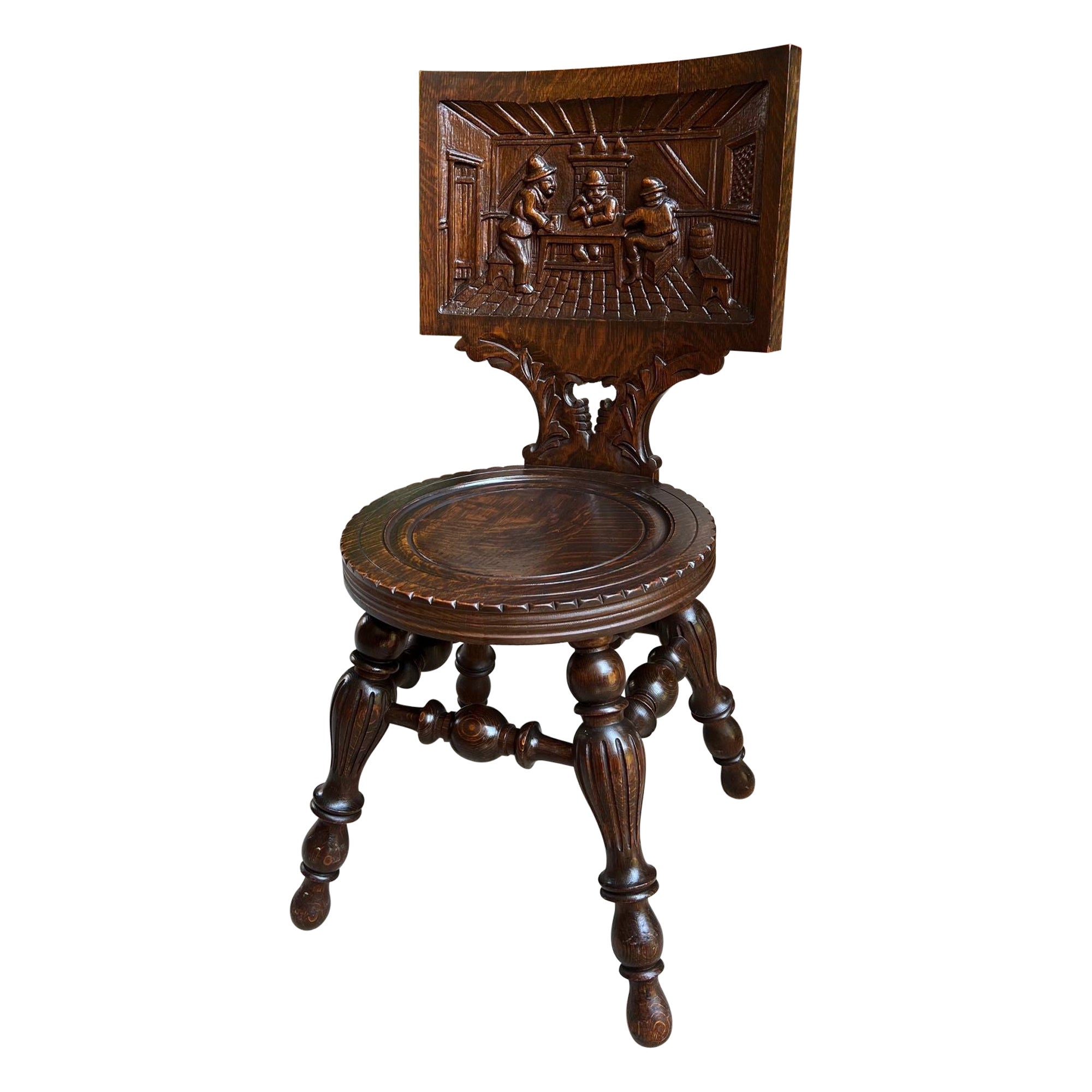 Antique English Pub Chair Fireplace Hearth Carved Tiger Oak Breton Brittany For Sale
