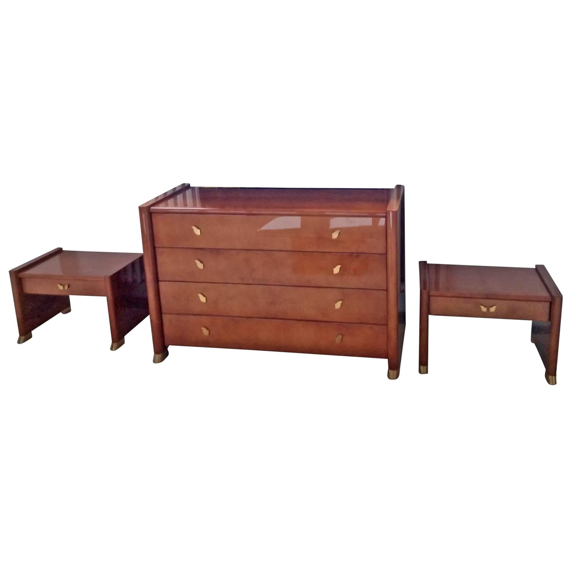 Tura 1990s Bedroom Set Goatskin and Brass, Almond Parchment High Gloss For Sale