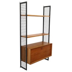 Cadovius Style Mixed Wood Wall Unit with Black Enameled Metal Grid Risers
