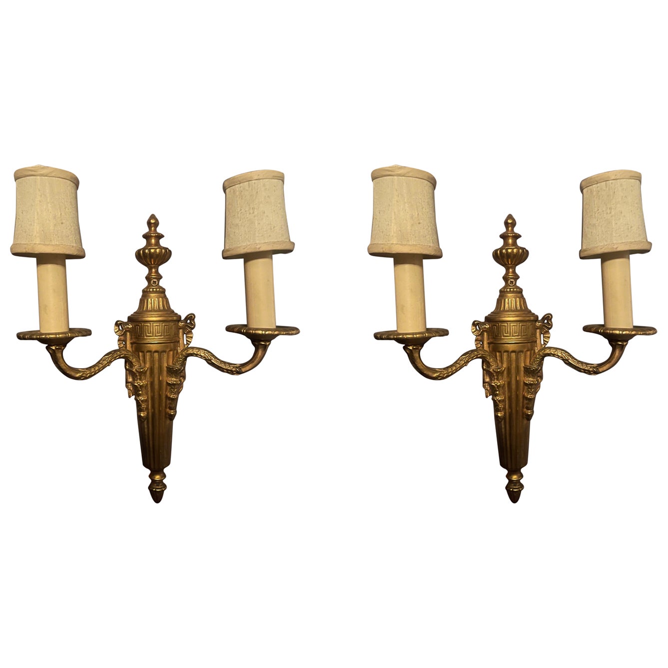 Pair of Bronze Dore Two- Arm Sconces with Shades, Late 20th Century