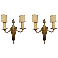 Pair of Bronze Dore Two- Arm Sconces with Shades, Late 20th Century