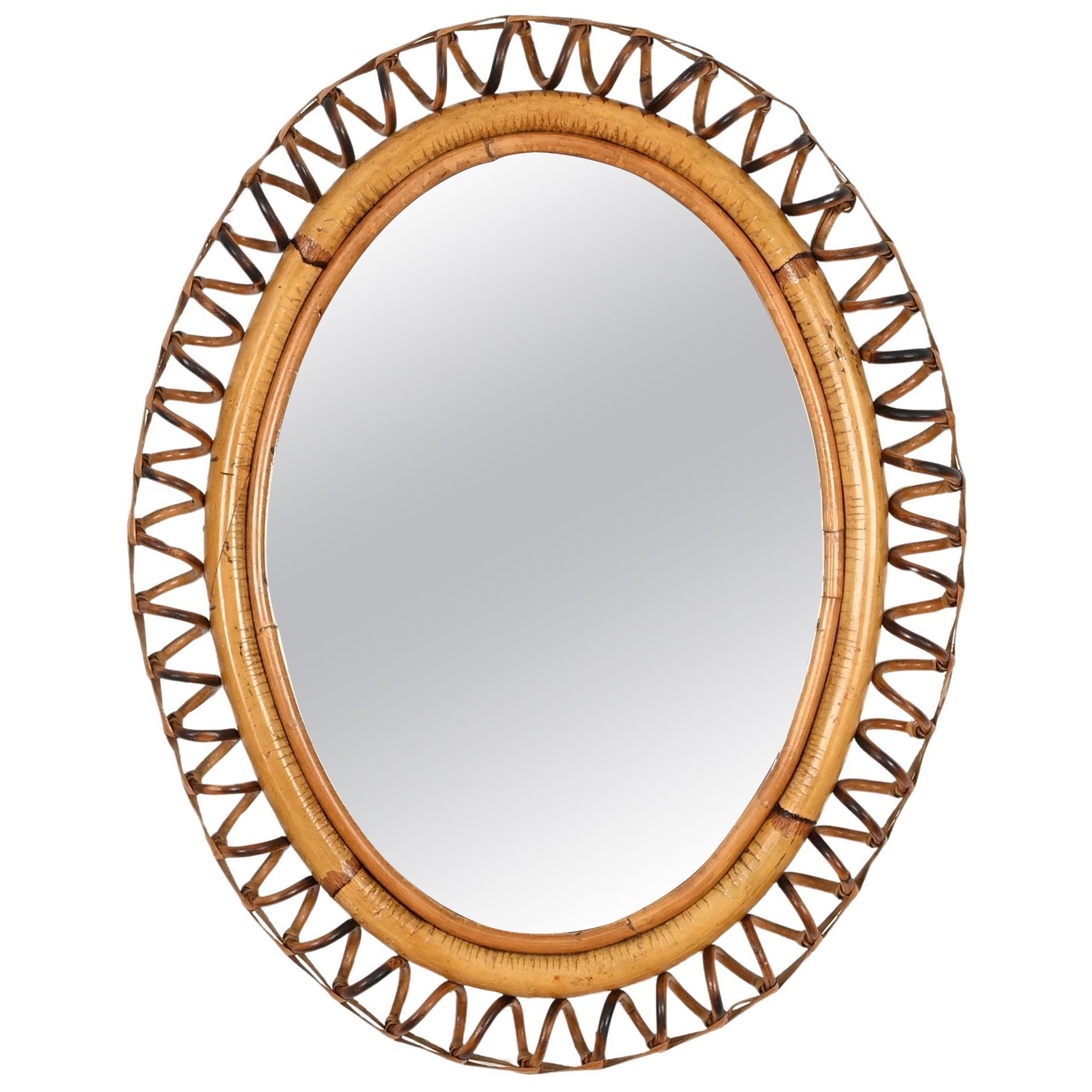 French Riviera Spring-Shaped Oval Mirror in Rattan and Wicker, Italy 1960s