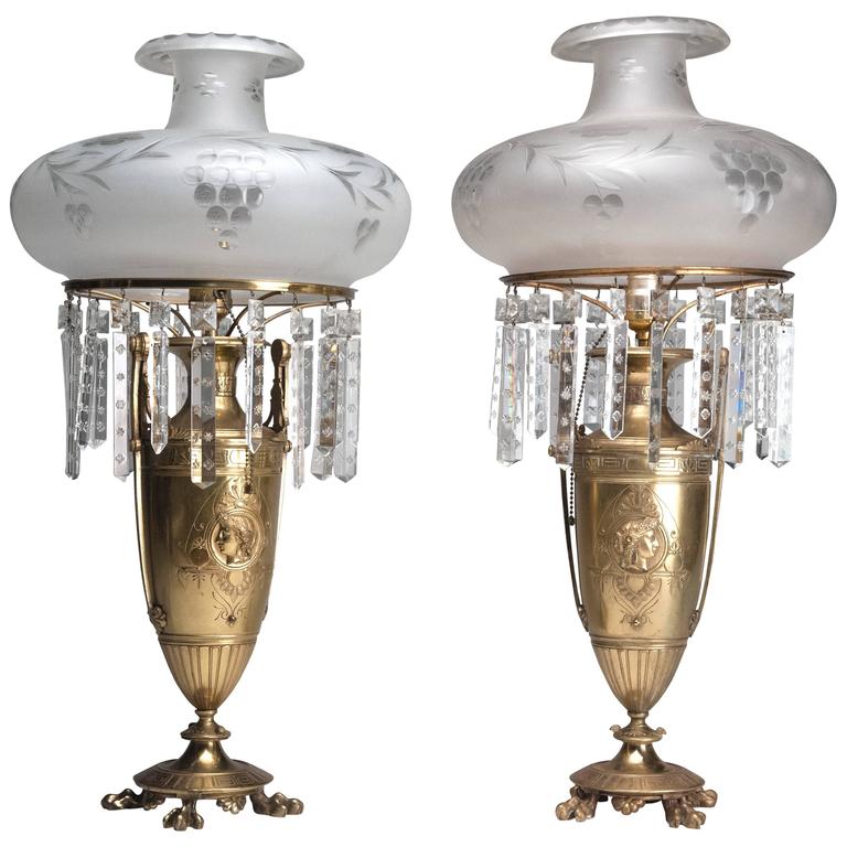 Pair of Brass and Crystal French Lamps For Sale at 1stdibs