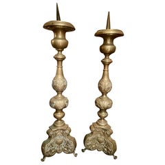 Pair of Tall Brass Repousse Church Prickets or Candlesticks, 19th Century