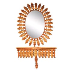 Italian Hollywood Regency Gold Iron Sunburst Mirror and Marble Top Wall Console