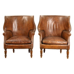 Pair French Leather Upholstered Wing Chairs in the Georgian Taste, ca. 1900