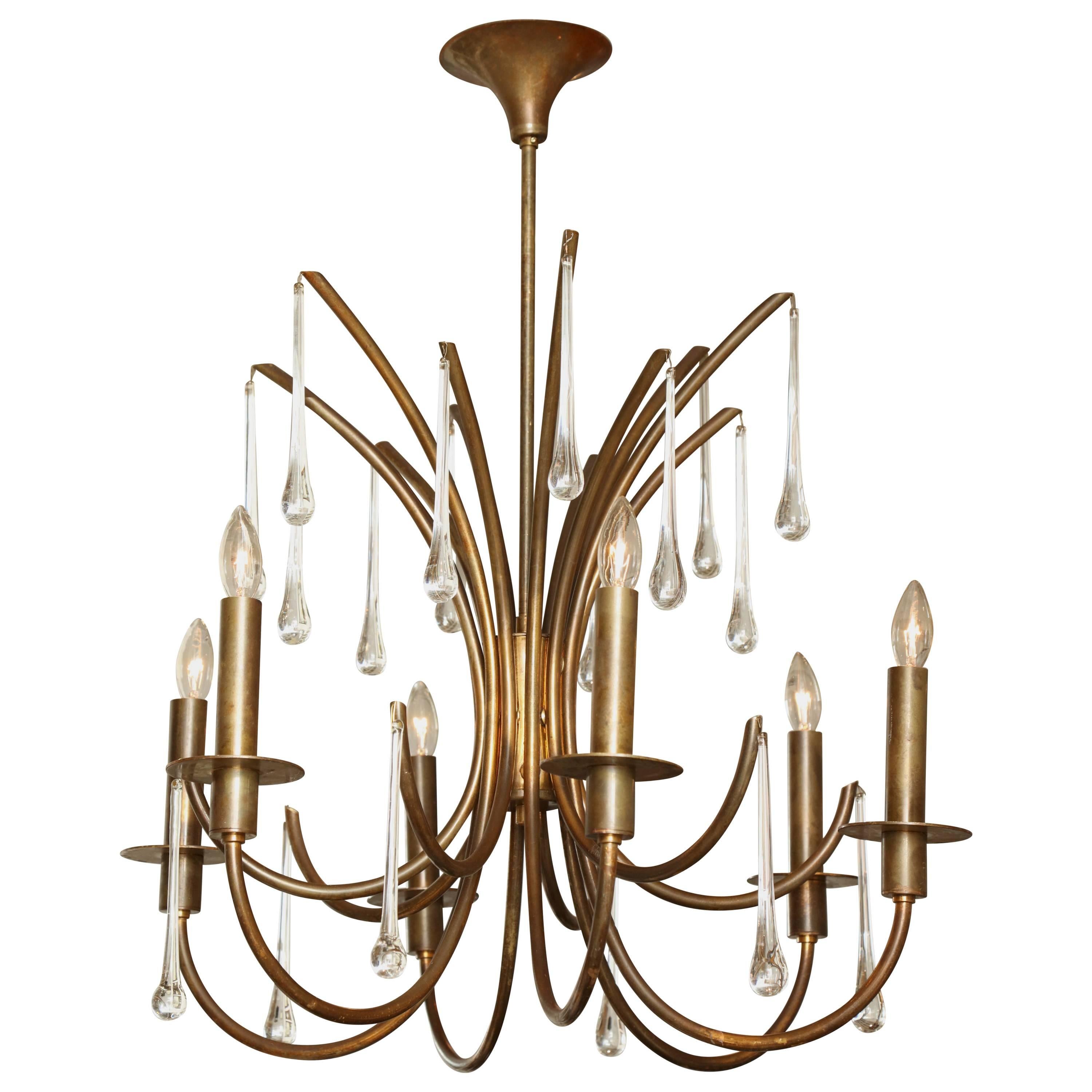 Patinated Brass Six-Light Chandelier with Long Crystal Drops, France, circa 1960