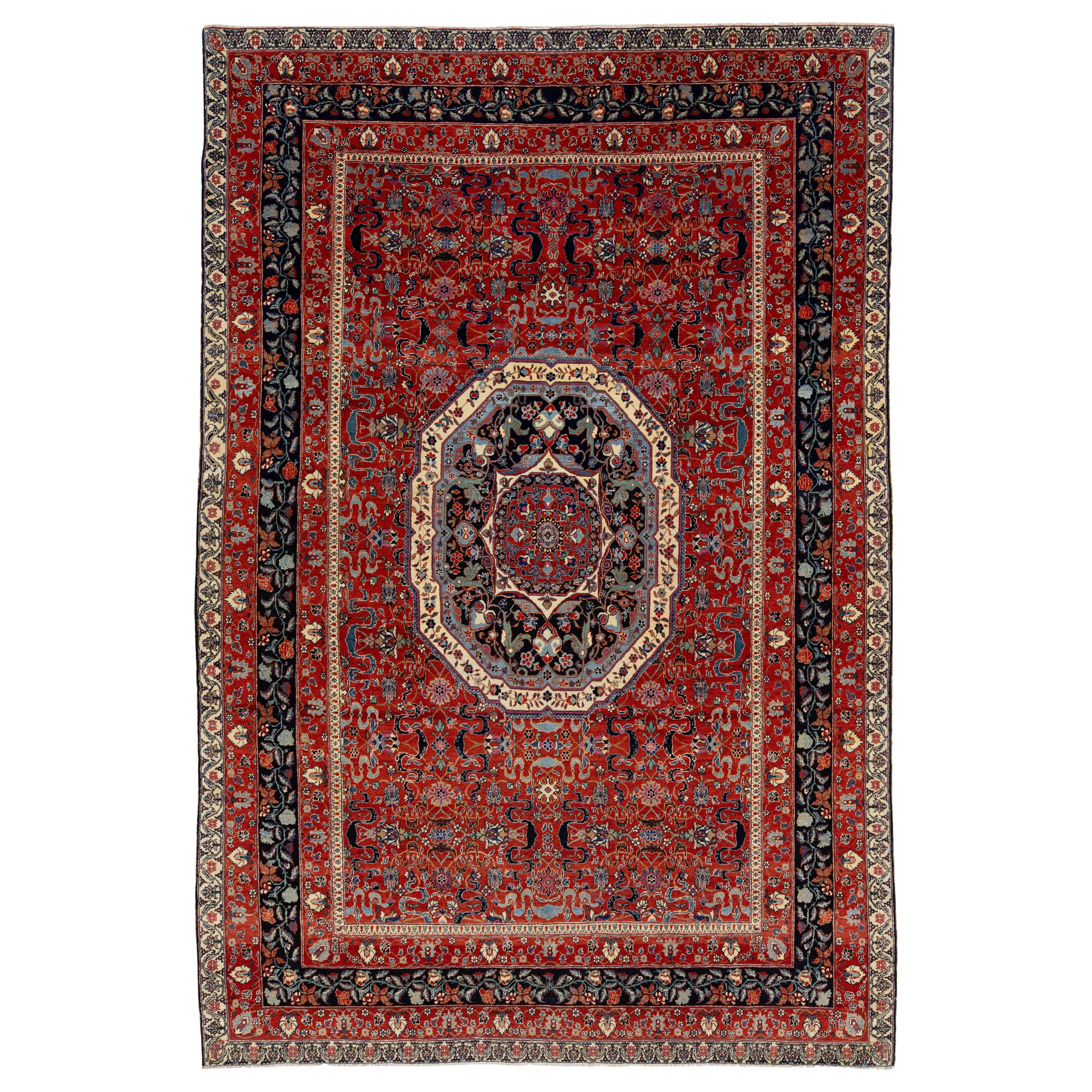 Tapis persan Kashan ancien en laine rouge, fait à la main, 7 x 10
