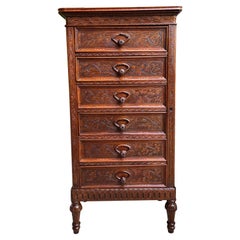 Antique English Victorian Wellington Chest of Drawers Campaign Carved Oak