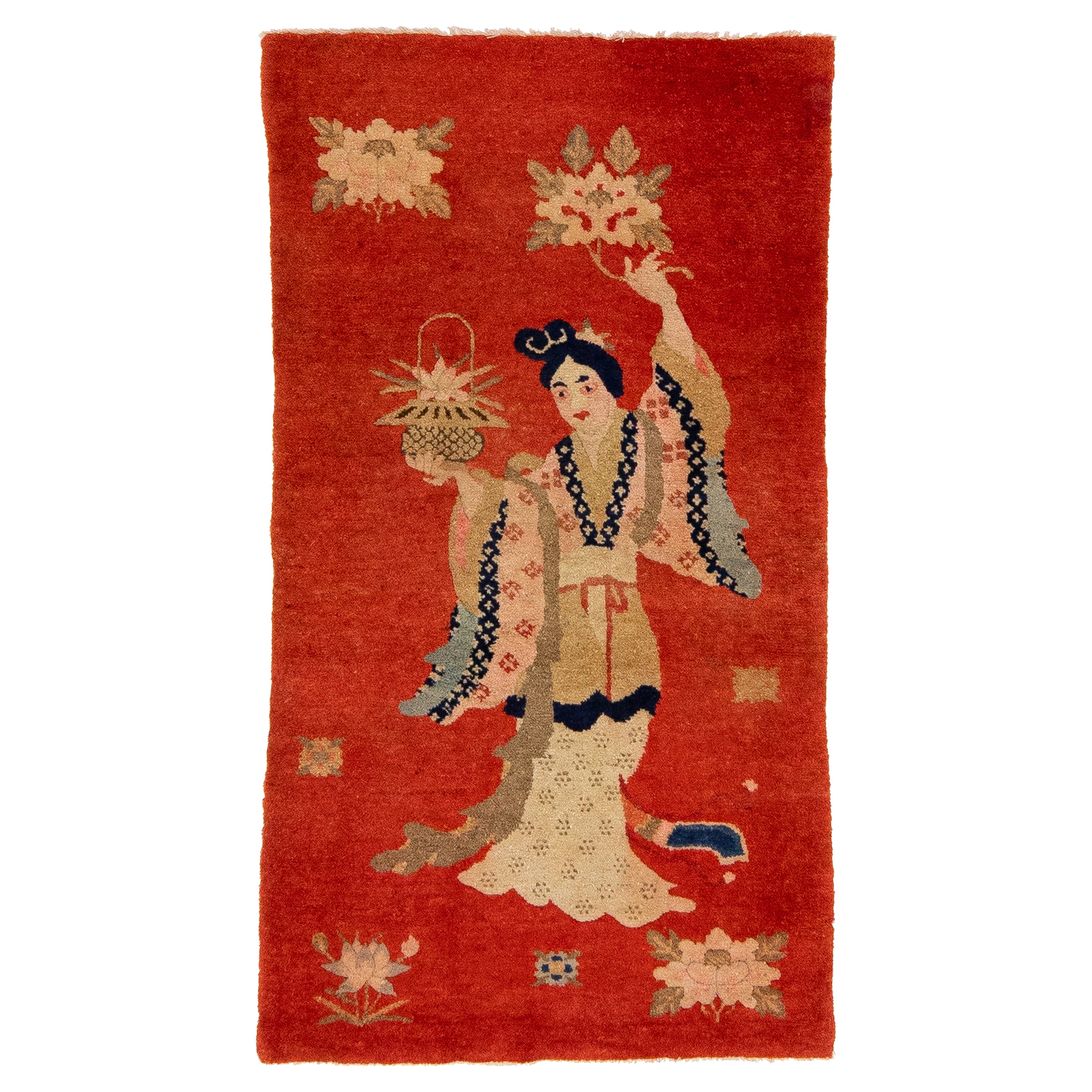 Antique Chinese Pictorial Scatter Wool Rug Handmade In Red