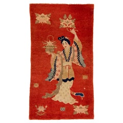 Tapis pictural chinois ancien en laine, fabriqué à la main en rouge
