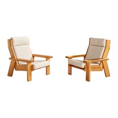 Finnish Designer, Lounge Chairs, Pine, Fabric, Finland, 1970s