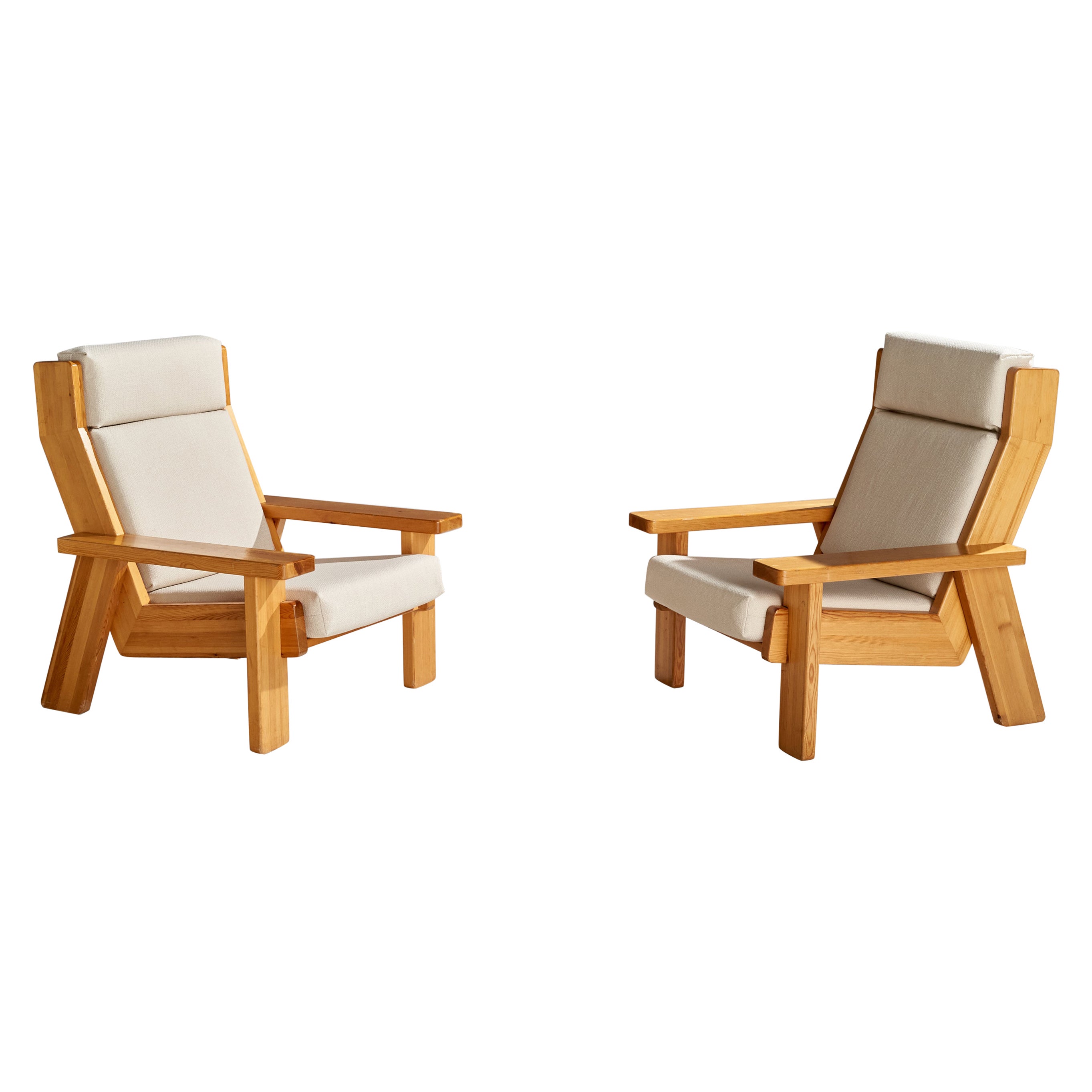 Finnish Designer, Lounge Chairs, Pine, Fabric, Finland, 1970s