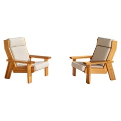 Finnish Designer, Lounge Chairs, Pine, Fabric, Finland, 1970s