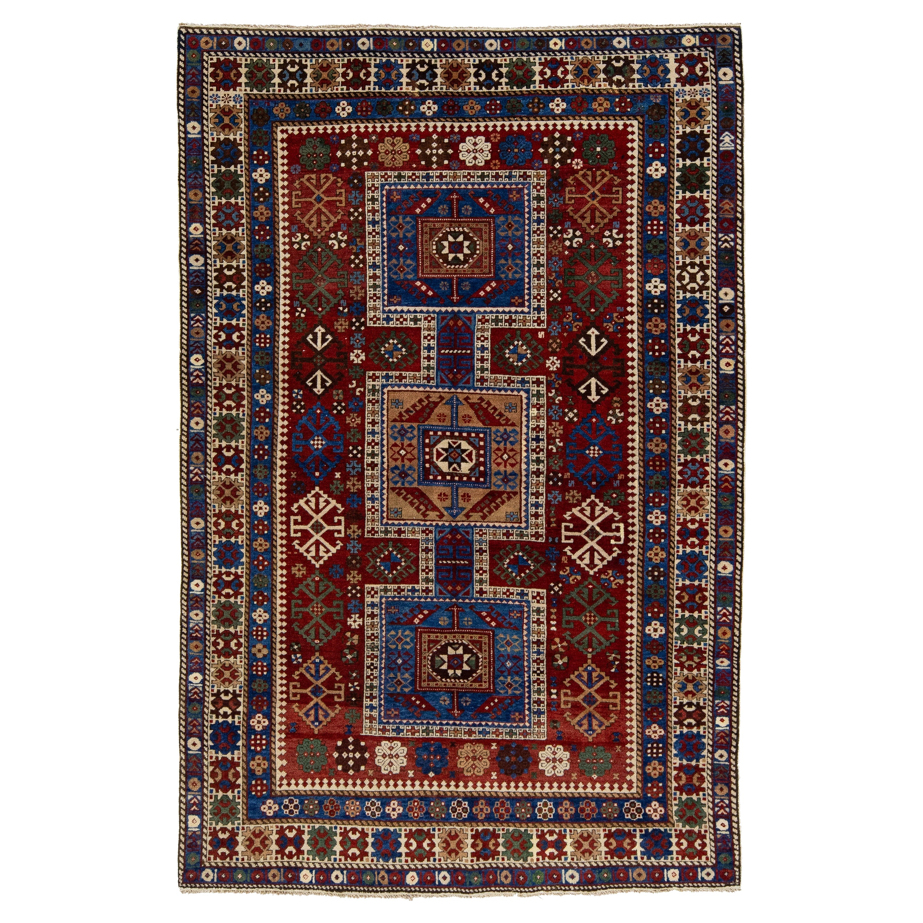 5 x 7 Vintage Caucasian Red Wool Rug With Allover Geometric Motif