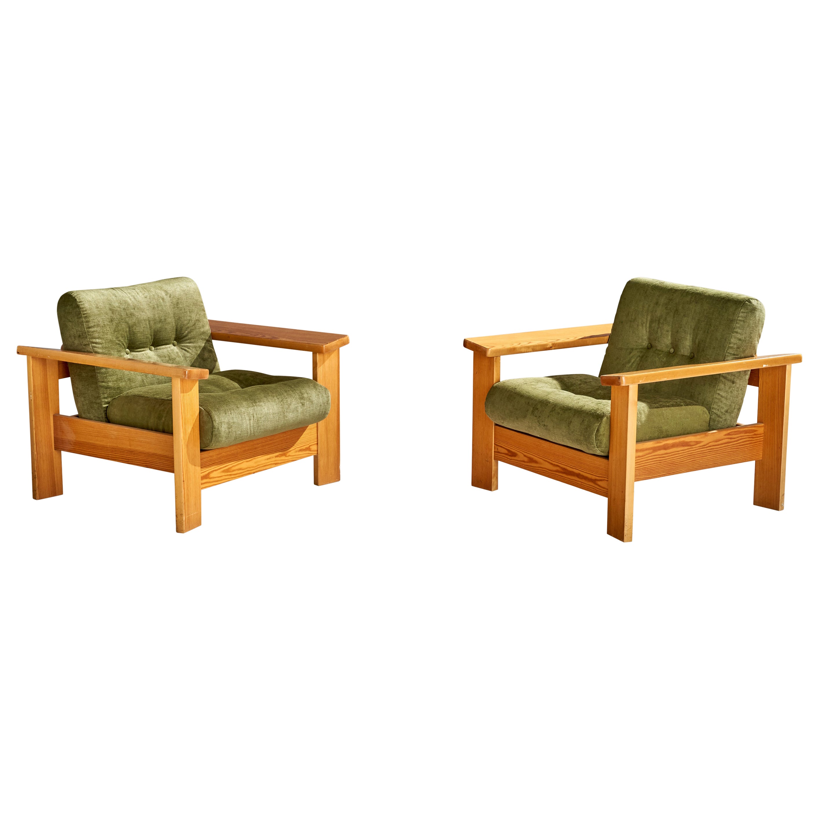 Swedish Designer, Lounge Chairs, Pine, Velvet, Sweden, 1970s For Sale