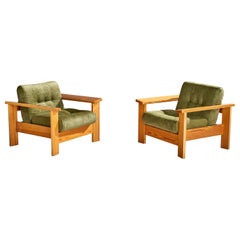 Swedish Designer, Lounge Chairs, Pine, Velvet, Sweden, 1970s