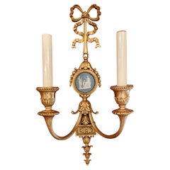 Antique French Gold Bronze with Wedgwood Plaque Wall Sconce, Circa 1900.