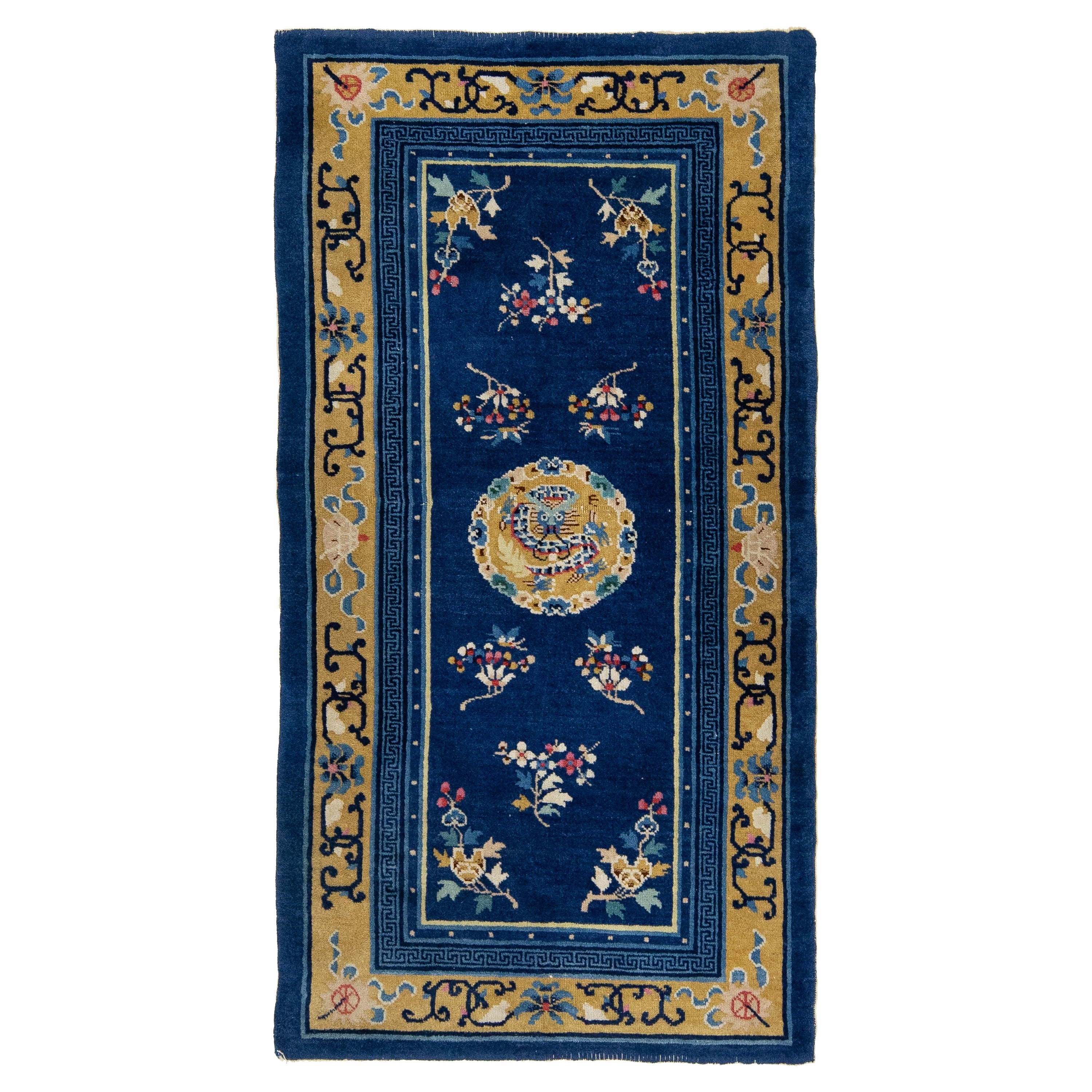 Blue Chinese Vintage Peking Handmade Wool Rug With Dragon Design