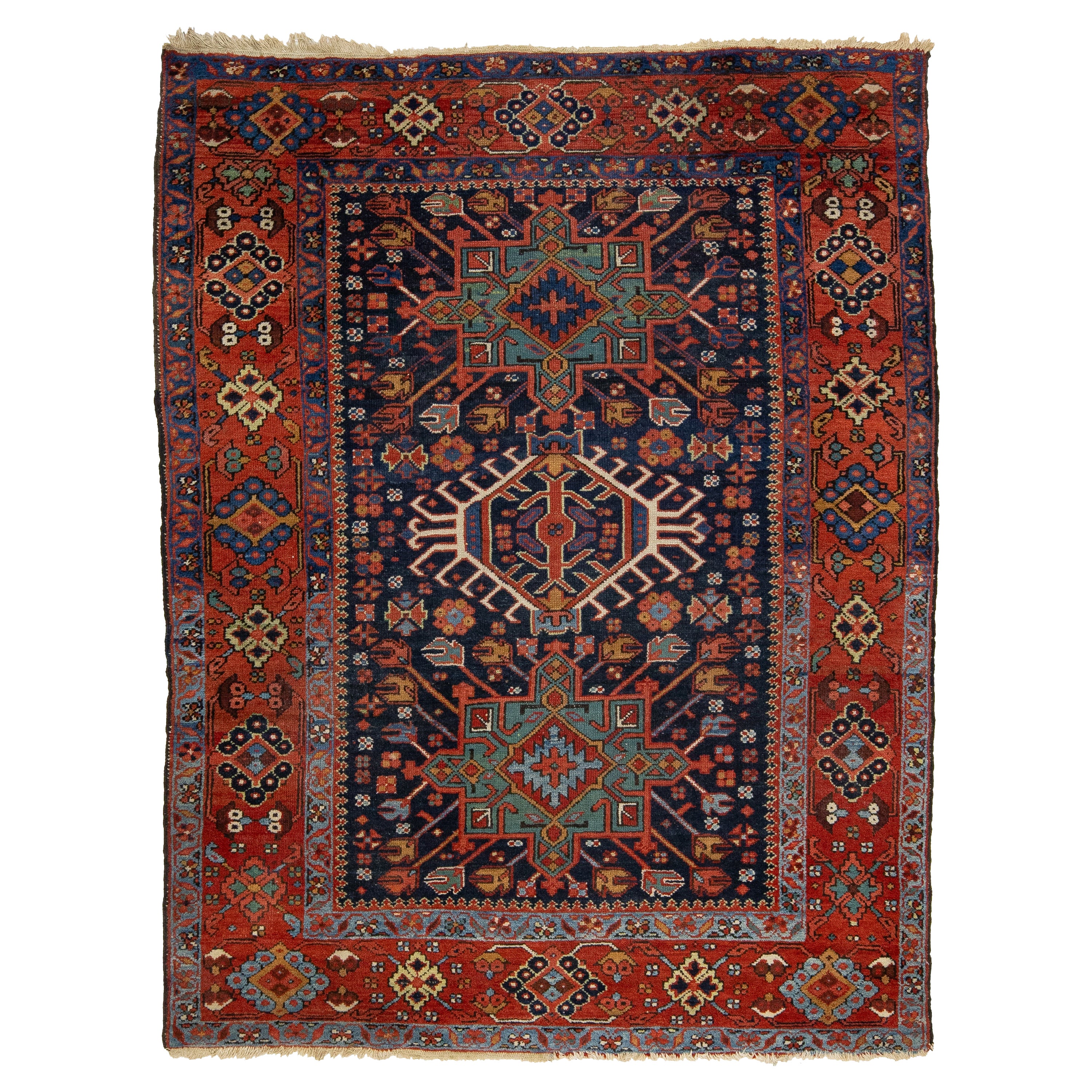 Handgefertigter Karajah Vintage-Wollteppich in Blau und Rost mit Allover-Muster