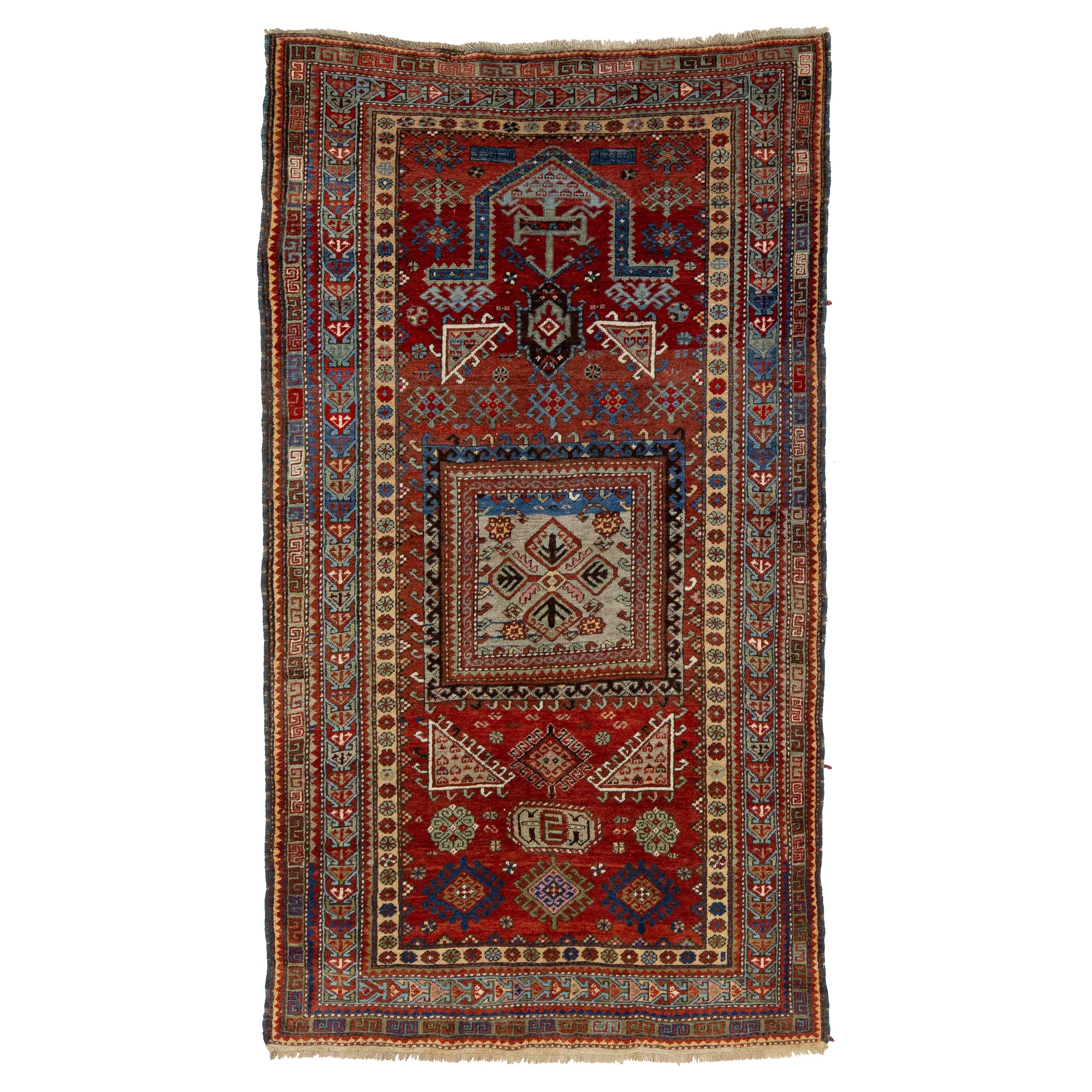 Roter kaukasischer Kazak-Wollteppich im Vintage-Stil mit geometrischem Muster