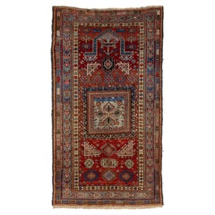 Red Vintage Caucasian Kazak Wool Rug With Geometric Pattern