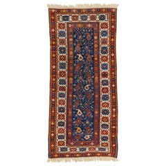 Allover Vintage Caucasian Kazak Blue Wool Runner