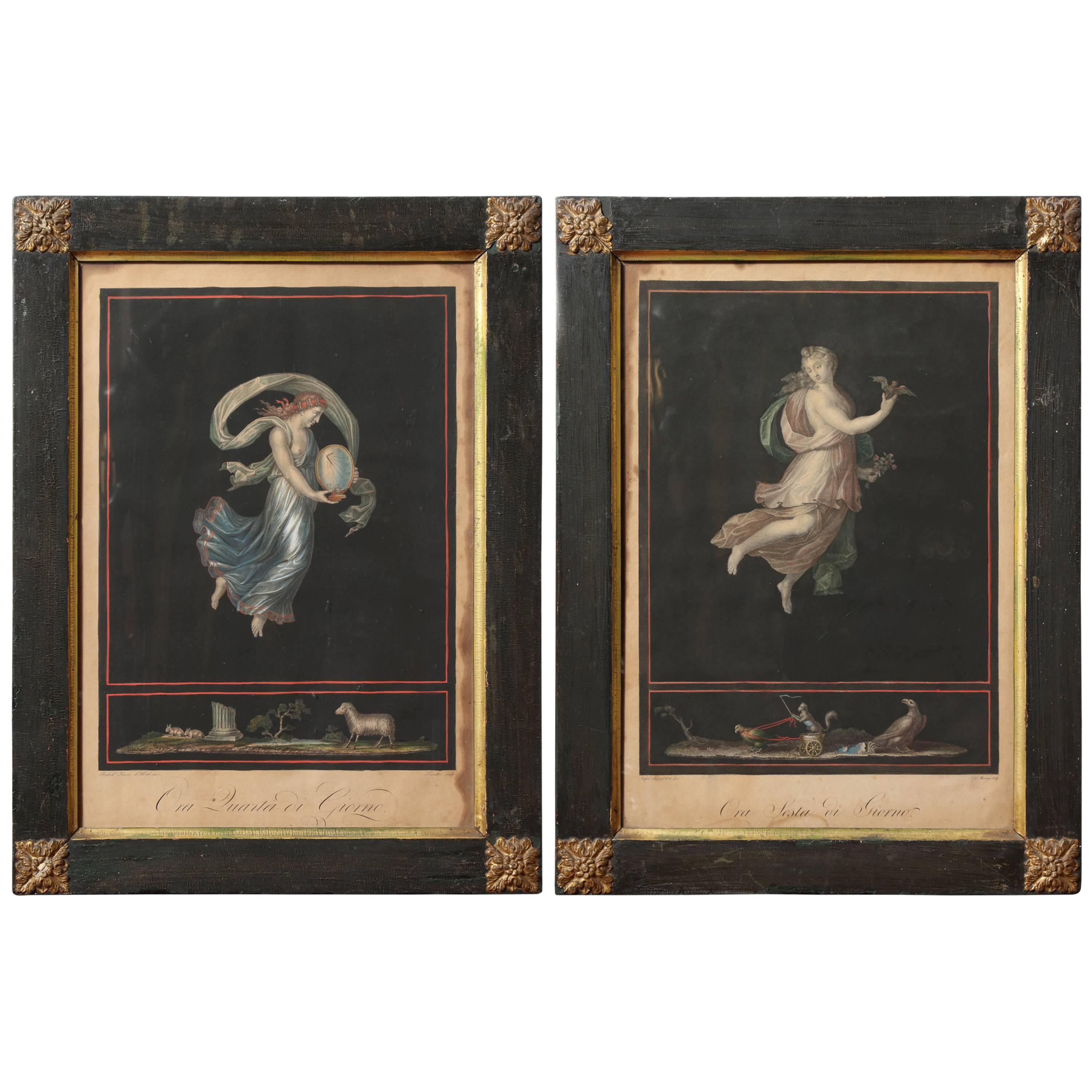 Two 19th Century Hand Colored Allegorical Prints of Night and Day For Sale
