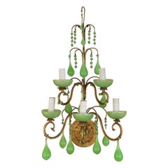Antique French Confetti Opaline Green Murano Drops Sconce